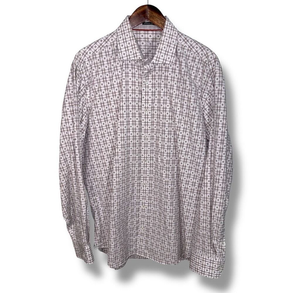 Bugatchi Uomo Gray Check Classic-Fit Dress Shirt XL 17.5